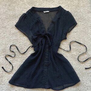 Vintage Y2K 2000s mesh navy and white polka dot tie back V neck button down bydo